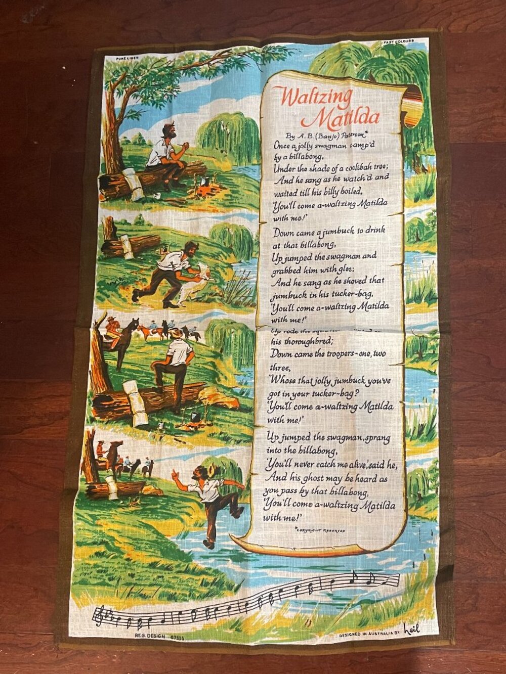 Vintage Heil Waltzing Matilda Pure Linen Australian Tea Towel